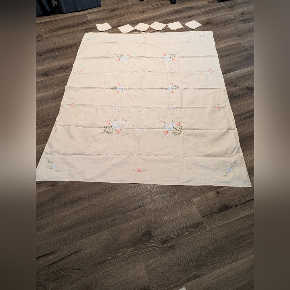 Floral Embroidered Tablecloth with  6 Napkins. Off White . Pink Green And Blue.